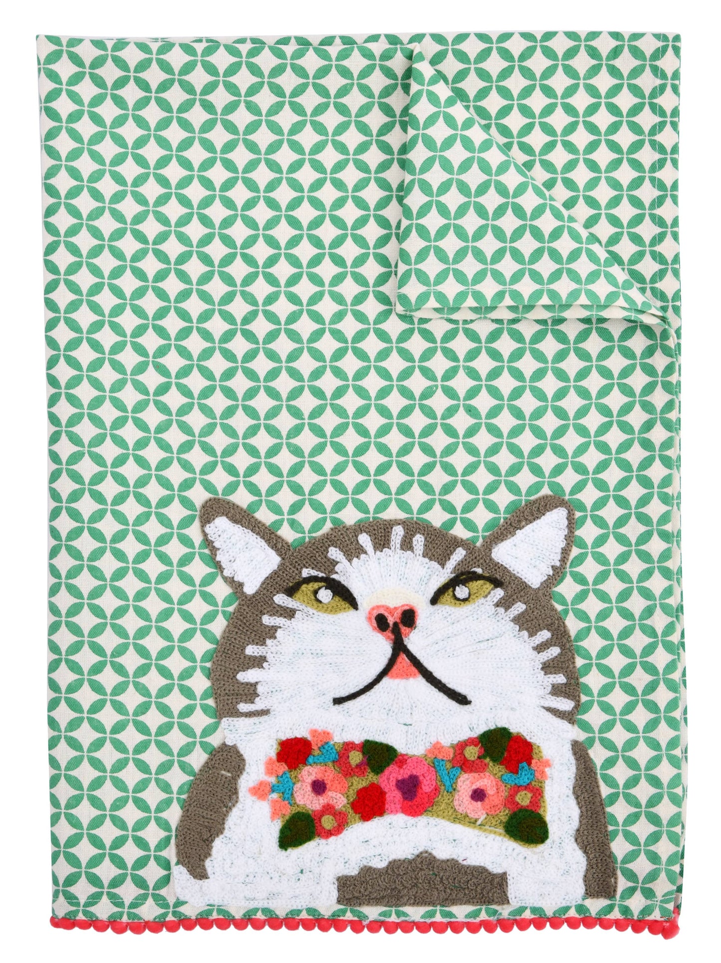 Green Tea Towel Cat with Bowtie 19x27