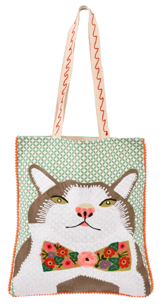 Cat W/Floral Bow Cat Tote Bag 14x16"