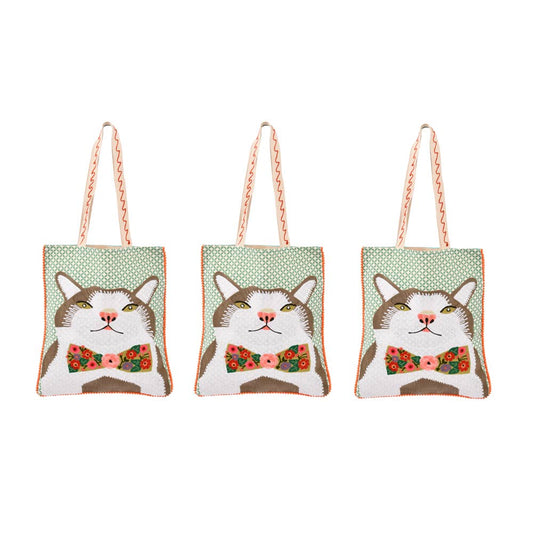 Cat W/Floral Bow Cat Tote Bag 14x16"